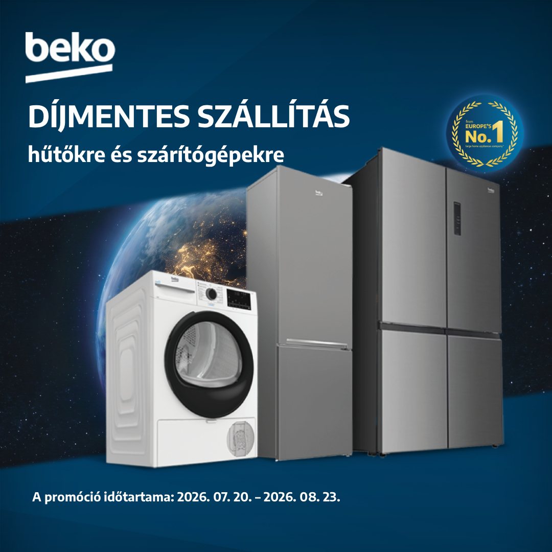 Beko díjmentes szállítás – hűtőkre és szárítógépekre, 2026. 07. 20. – 08. 23.